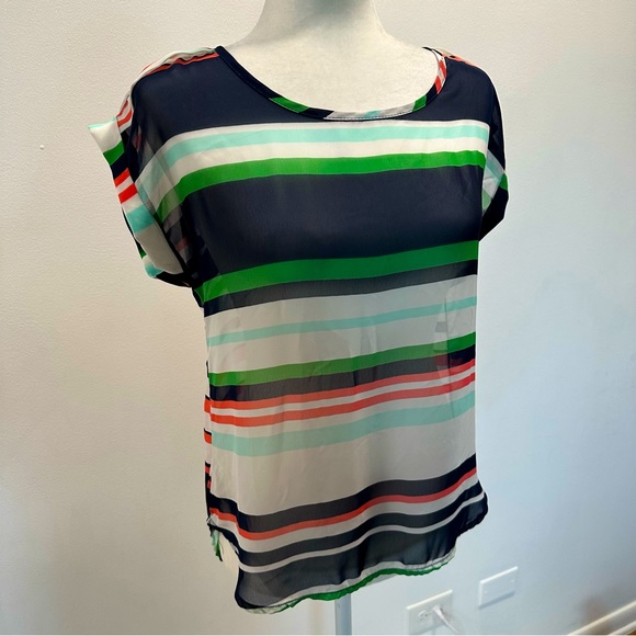 A’Gaci Striped Sheer Lightweight Cuffed Sleeve Blouse Size Small Summer Colors - Picture 1 of 10